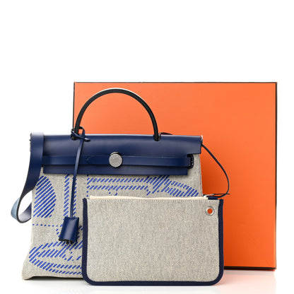 Hermes Vache Hunter Toile H Brides de Gala Herbag Zip Retourne 31 PM Bleu De France Ecru Black 11 of 11