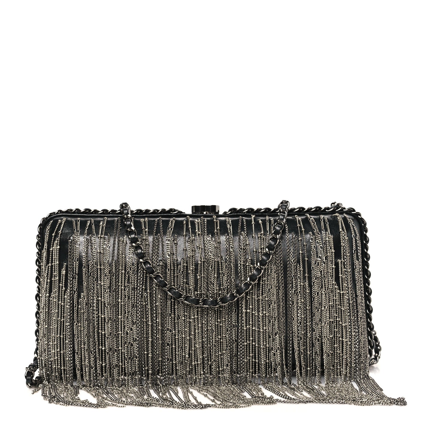 Lambskin Chain Fringe Clutch With Chain  Black
