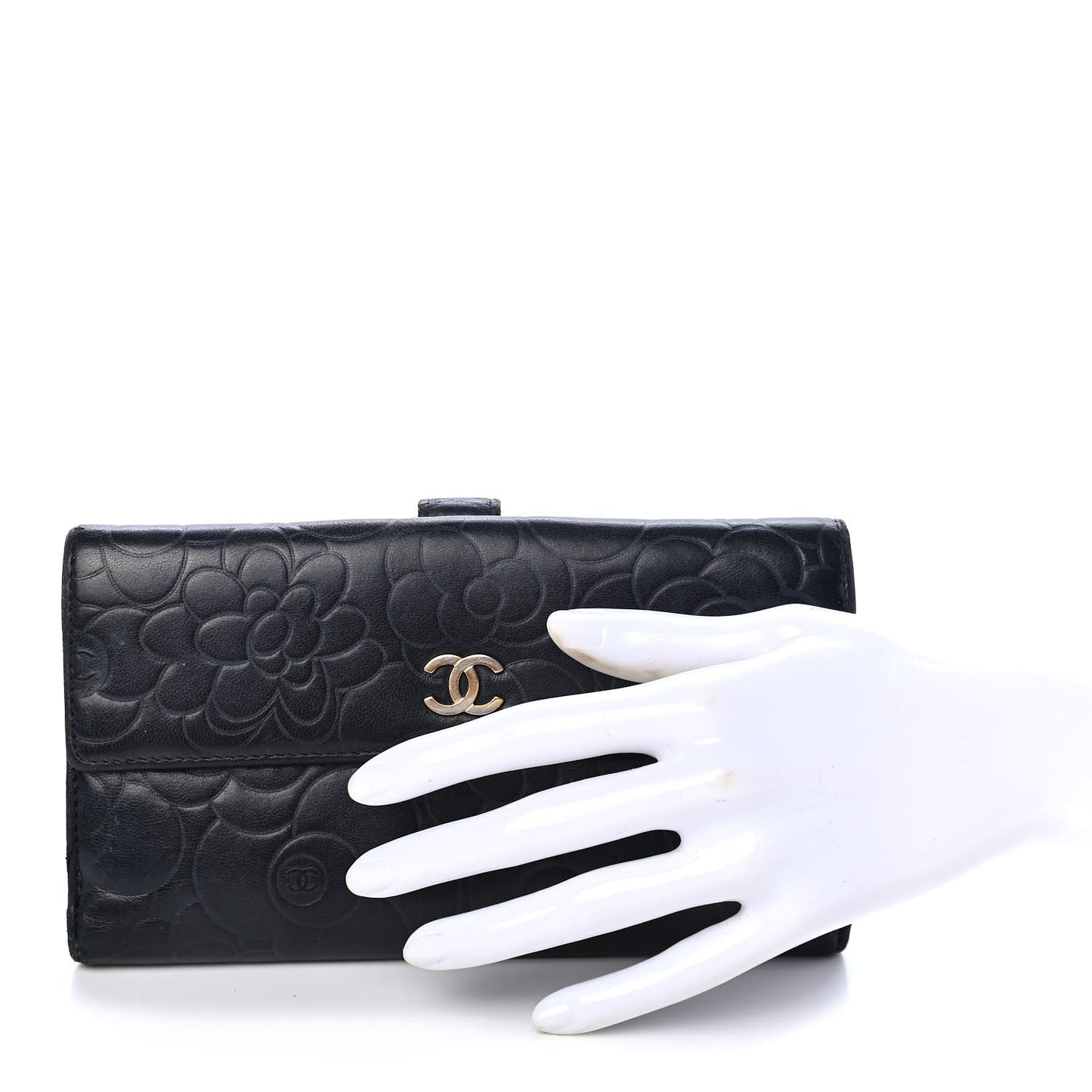Lambskin Embossed Camellia Large Gusset Flap Wallet Navy