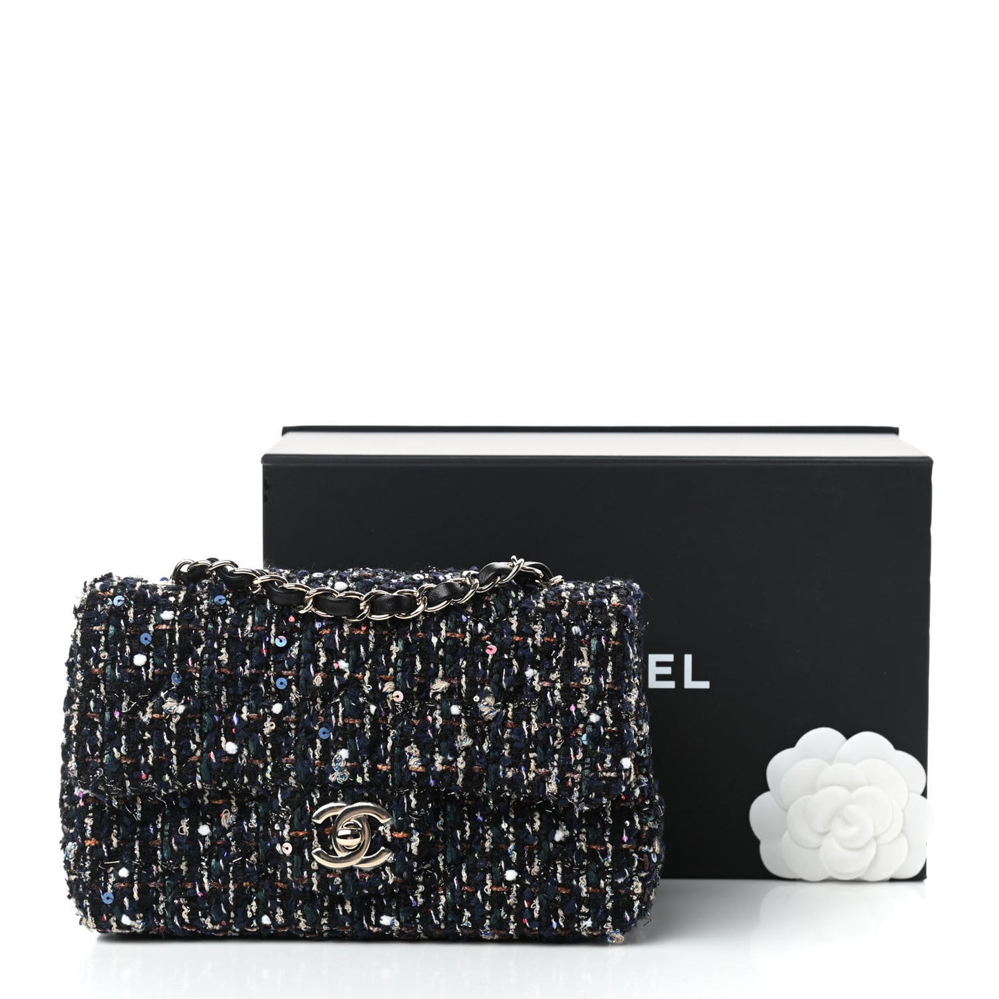 Glittered Tweed Quilted Mini Rectangular Flap Navy Blue Mulitcolor