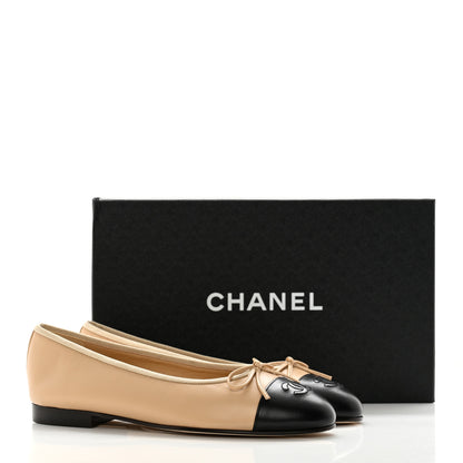 Chanel Lambskin Cap Toe CC Ballerina Flats 37.5 Beige Black 12 of 12