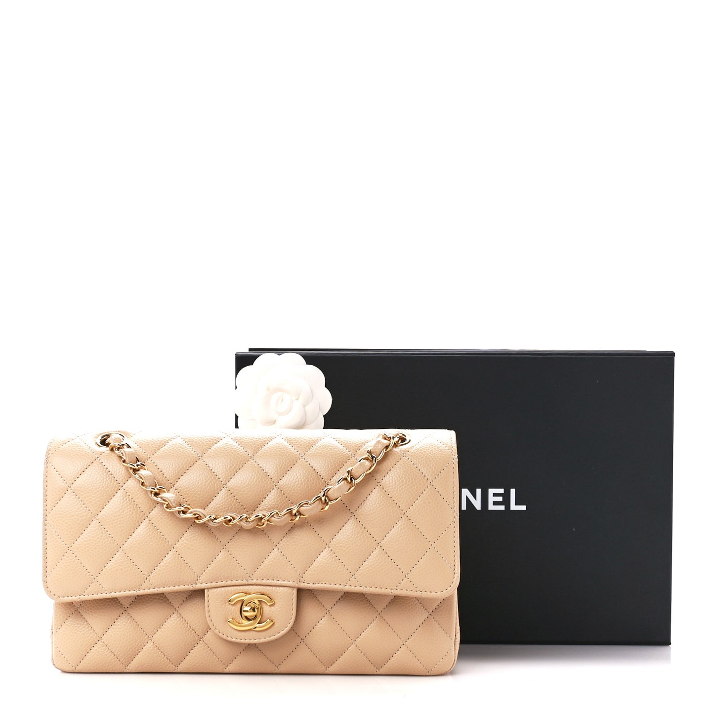 Caviar Quilted Medium Double Flap Beige