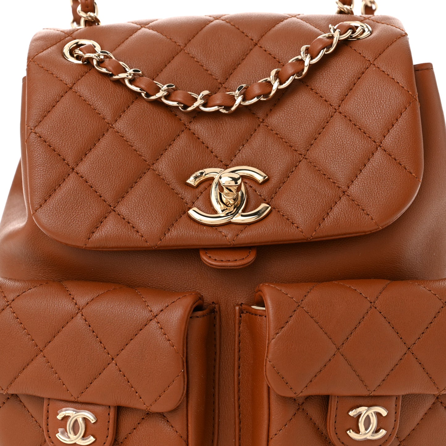Calfskin Quilted Medium Duma Pockets Drawstring Backpack Light Brown