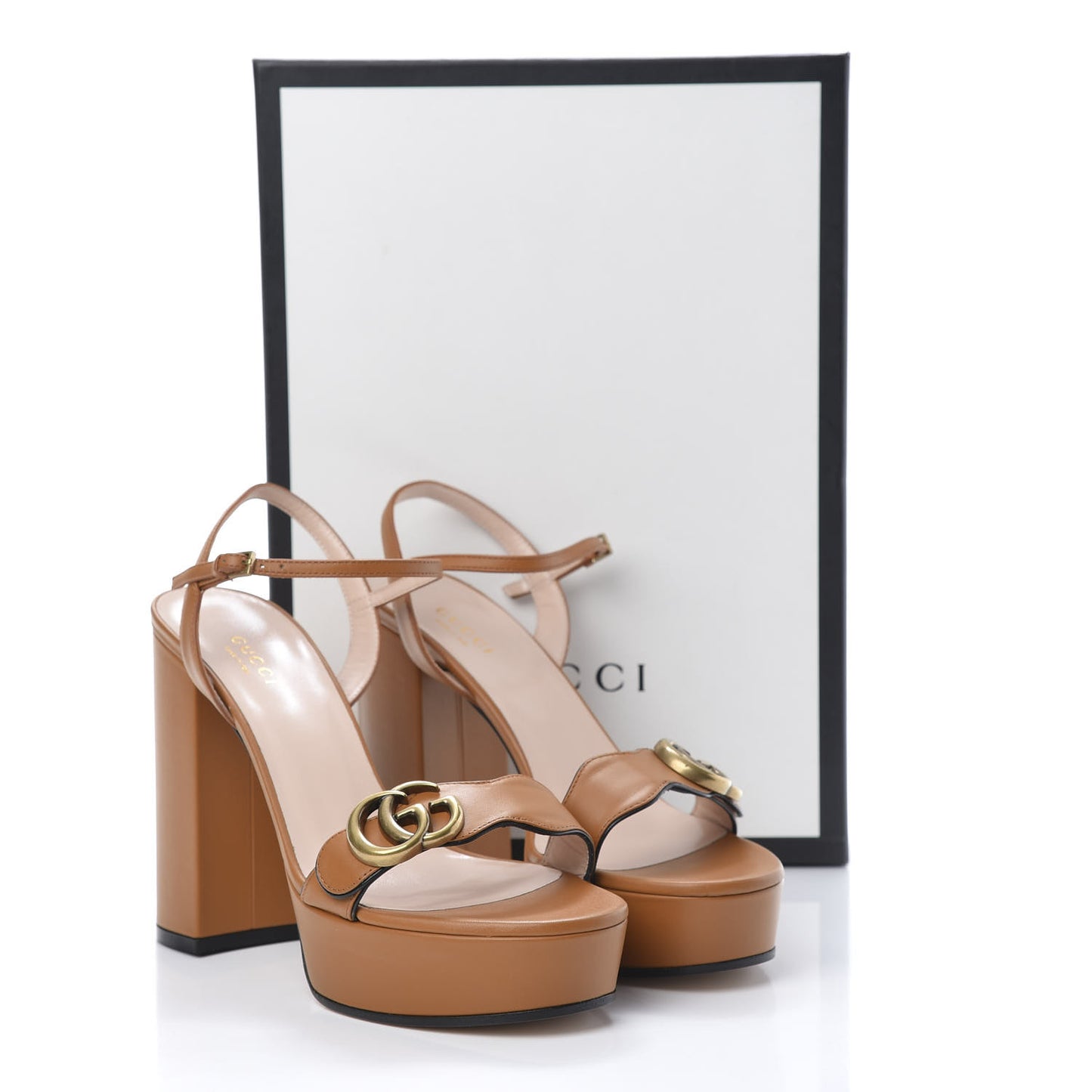 Calfskin GG Marmont Ankle Wrap 30/115mm Platform Sandals 38 Cognac