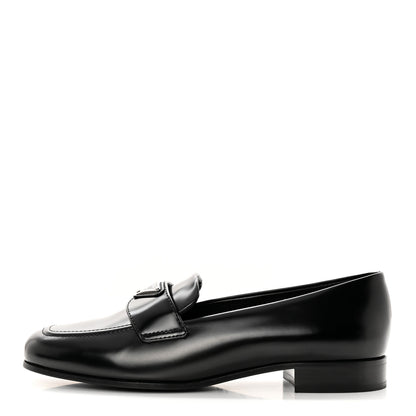 Prada Brushed Calfskin Metal Triangle Logo 20mm Loafers 36.5 Black 1 of 12