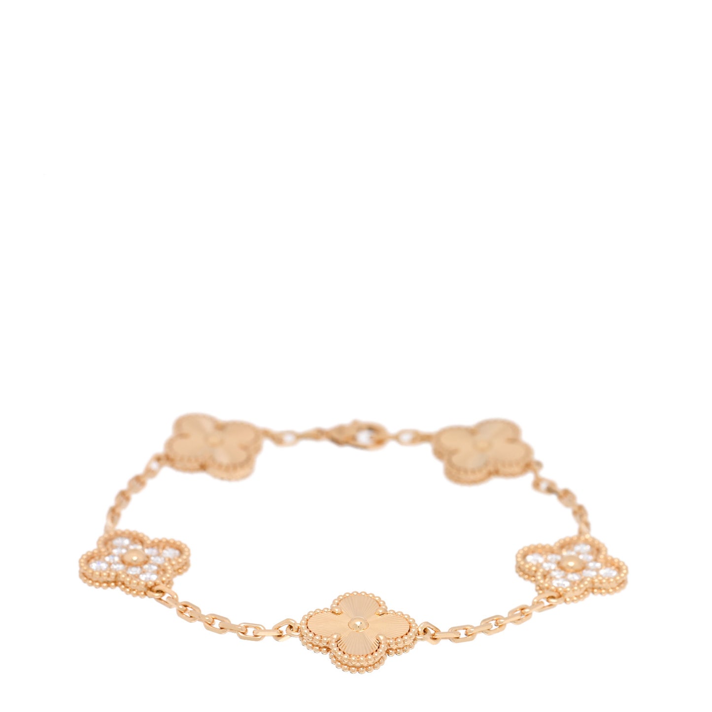 18K Yellow Gold Diamond 5 Motifs Guilloche Vintage Alhambra Bracelet