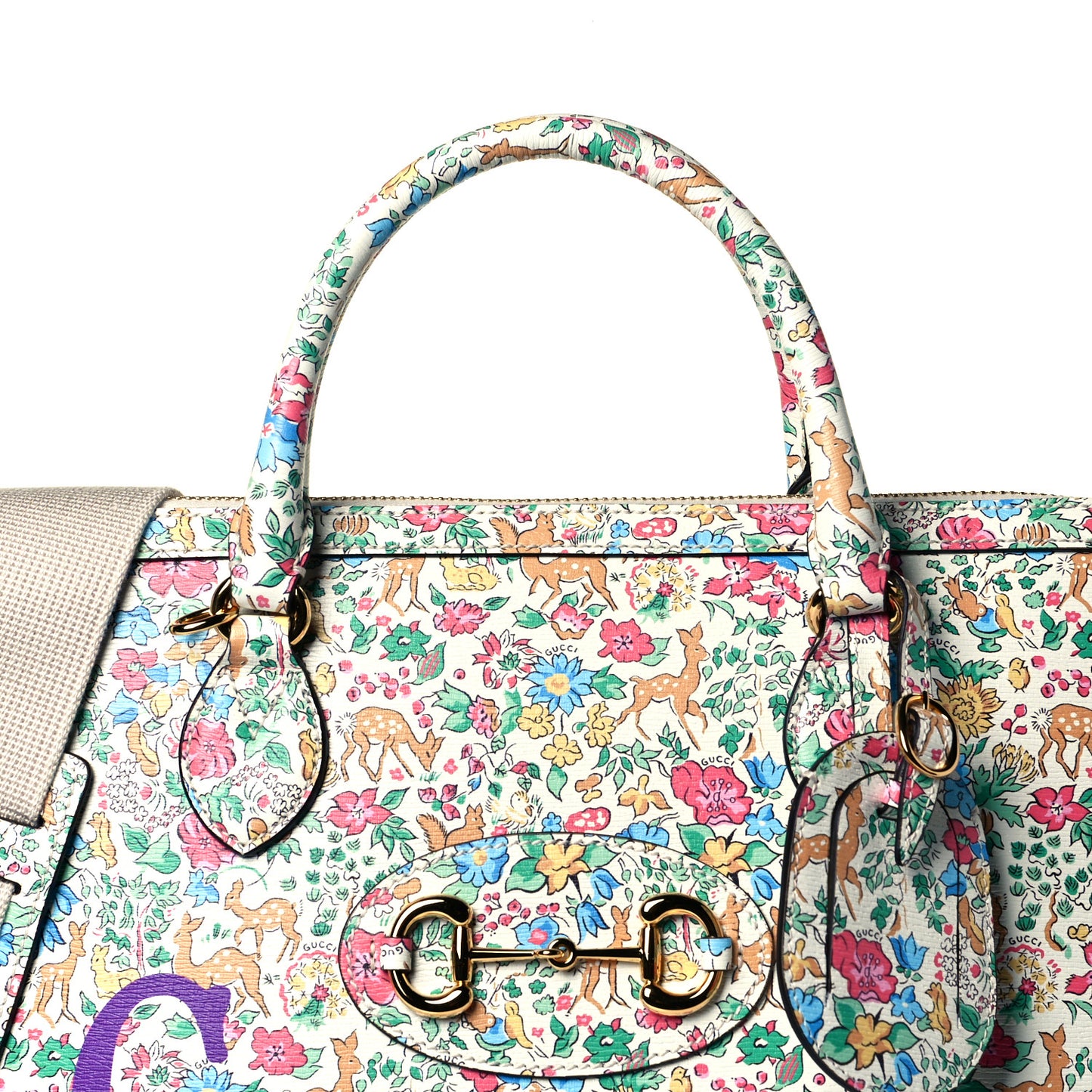 X LIBERTY OF LONDON Calfskin Floral Fawn Print Horsebit 1955 Duffle Bag Multicolor Purple Ivory