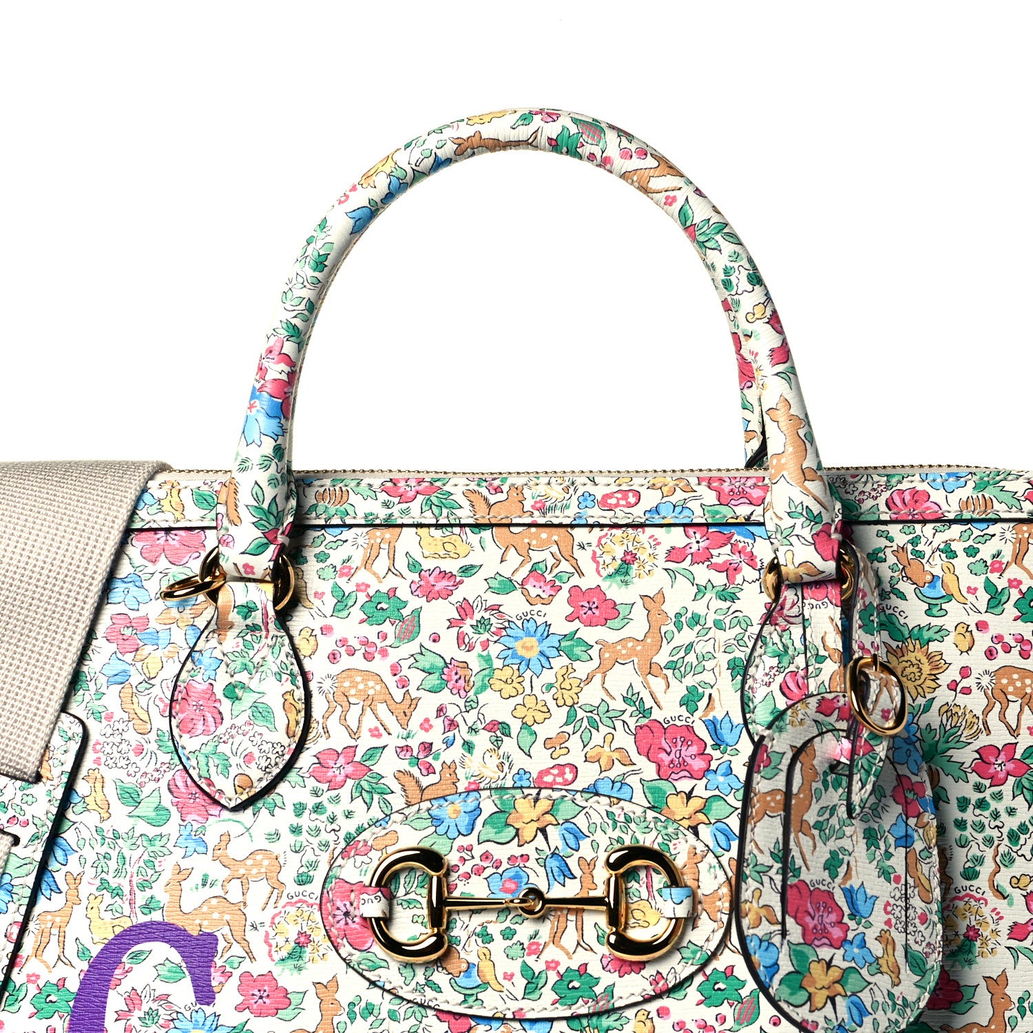 Gucci X LIBERTY OF LONDON Calfskin Floral Fawn Print Horsebit 1955 Duffle Bag Multicolor Purple Ivory 7 of 7