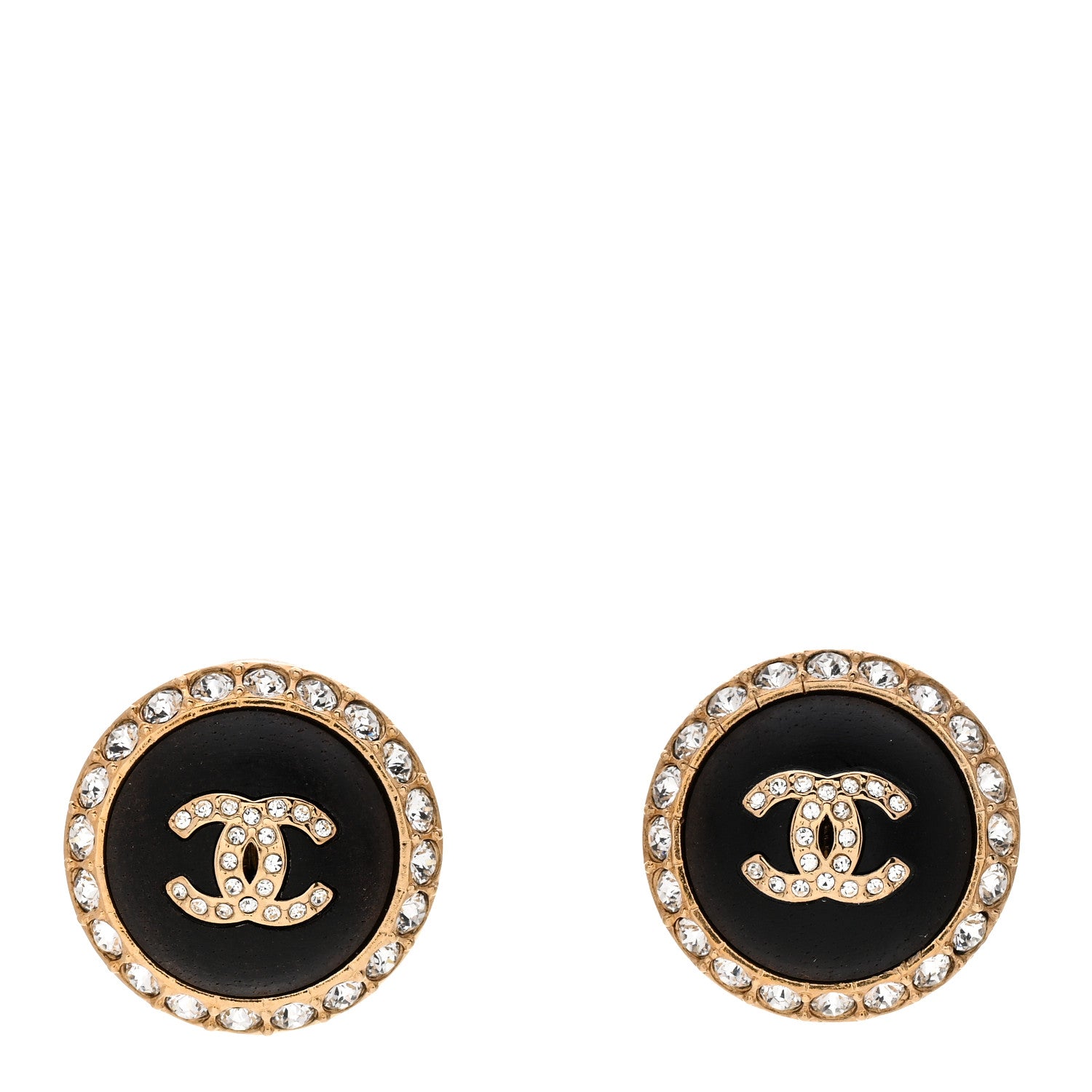 Chanel Metal Wood Crystal CC Round Earrings Gold Brown 1 of 5