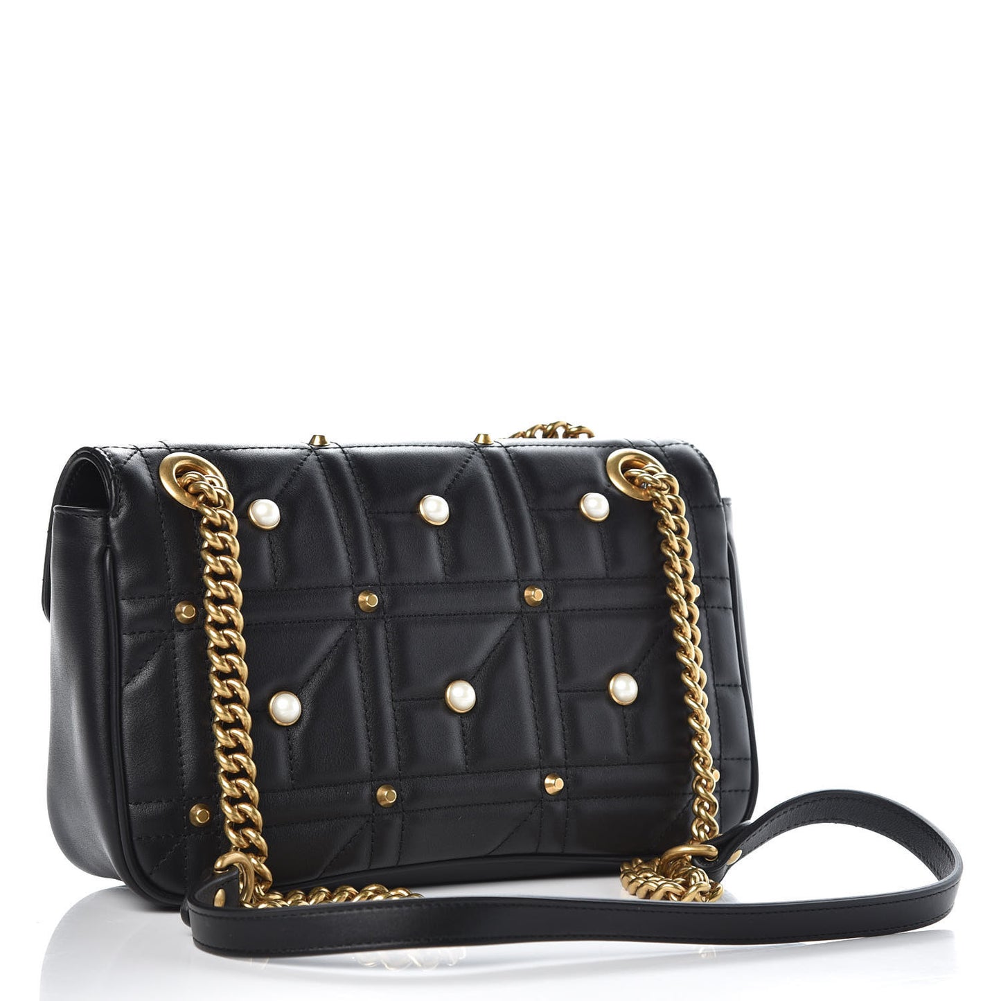 Calfskin Matelasse Studded Small Pearly GG Marmont Shoulder Bag Black