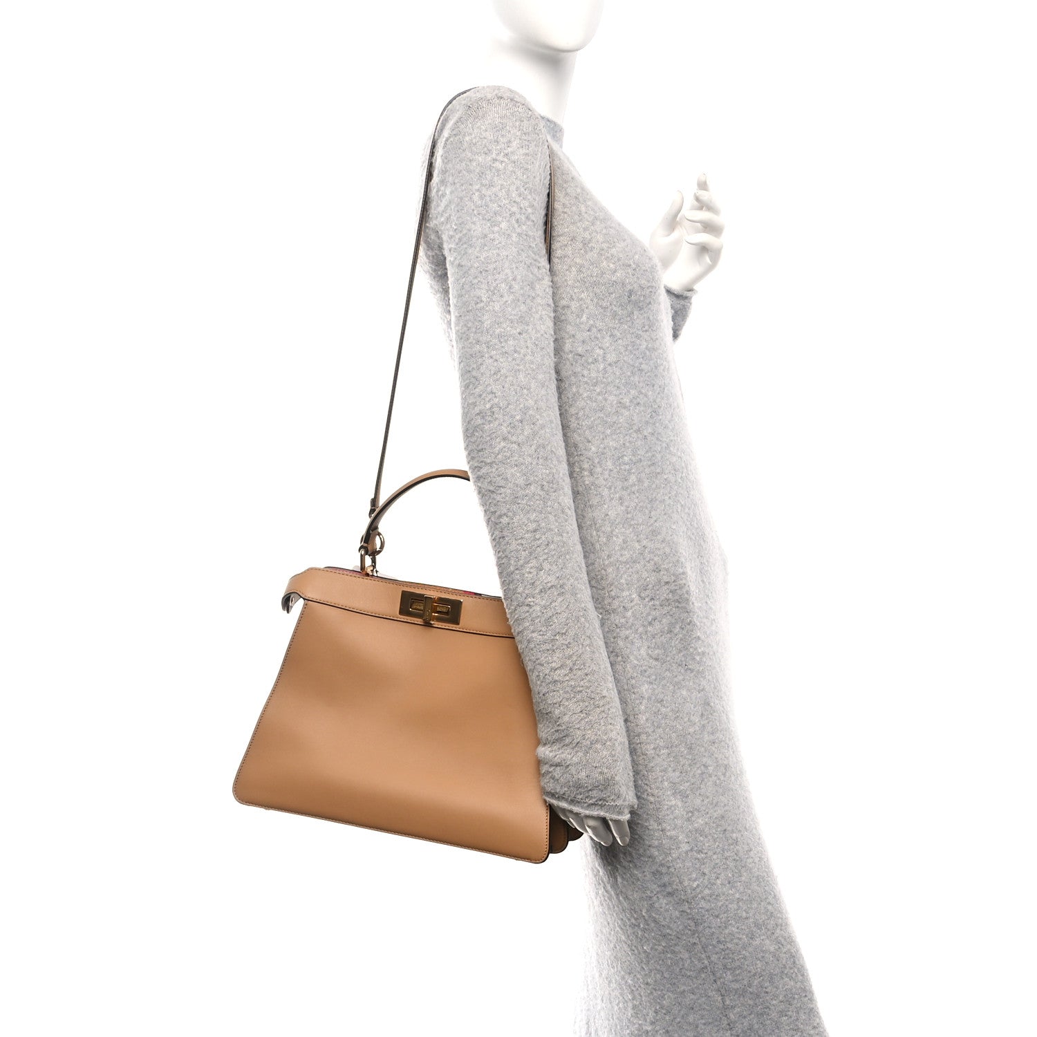 Fendi Vitello Seta Nappa FF Striped Embossed Medium Peekaboo I SEE U Satchel Miele Scuro Multicolor 2 of 16