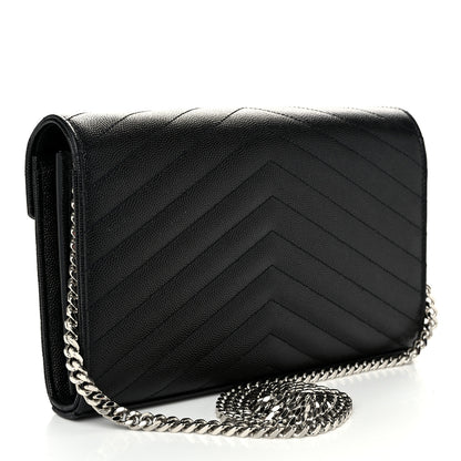 Saint Laurent Grain De Poudre Matelasse Chevron Monogram Chain Wallet Black 3 of 9