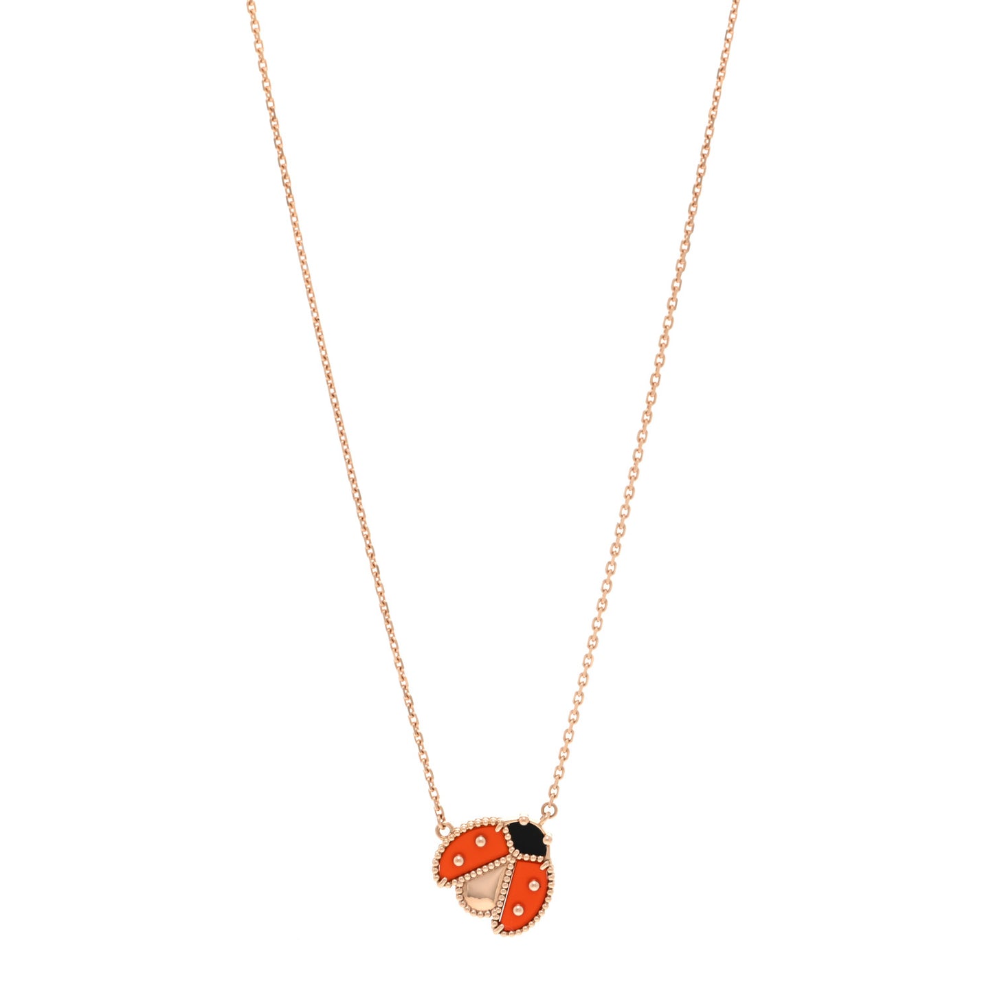 18K Rose Gold Carnelian Black Onyx Lucky Spring Open Wings Lady Bug Pendant Necklace