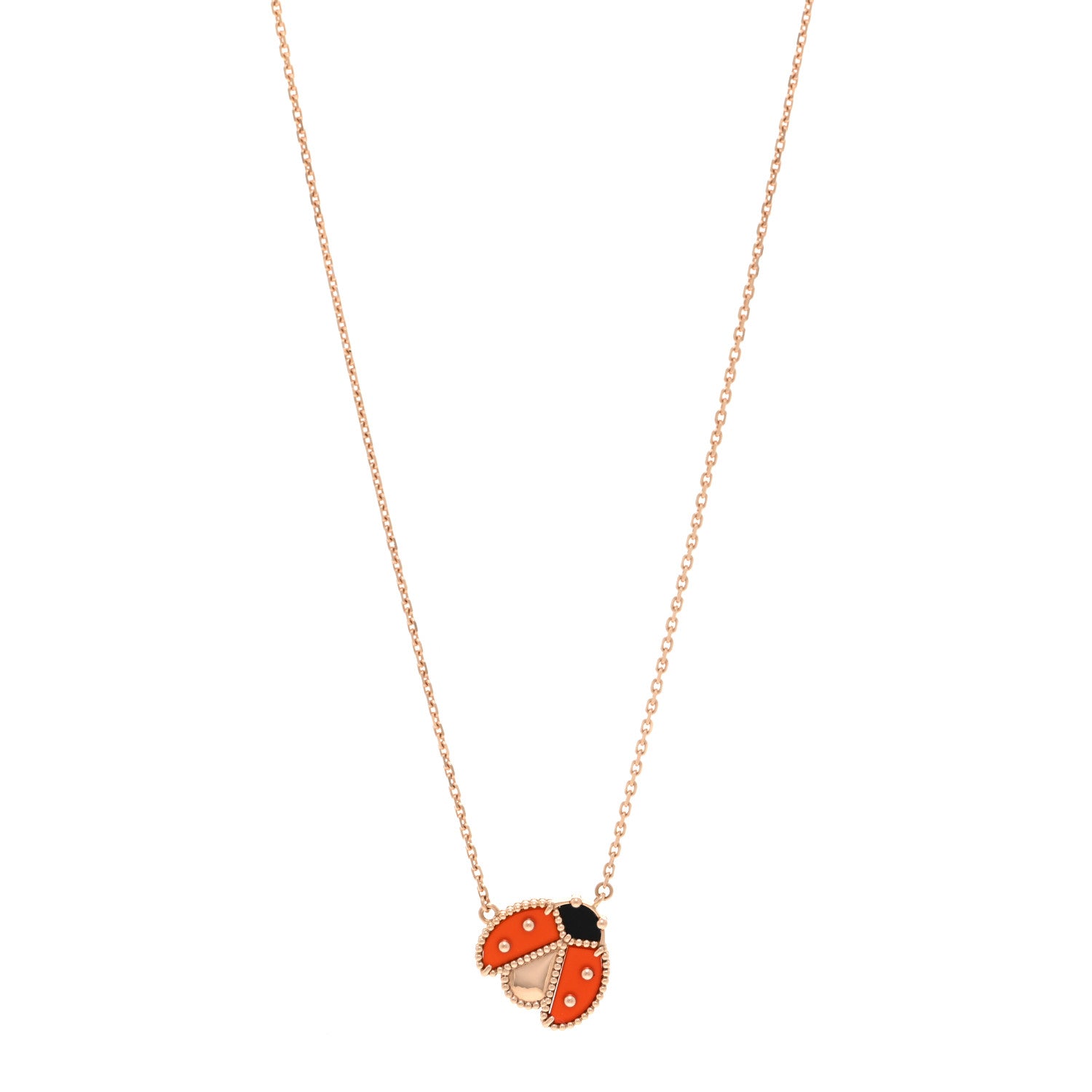 Van Cleef & Arpels 18K Rose Gold Carnelian Black Onyx Lucky Spring Open Wings Lady Bug Pendant Necklace 1 of 6