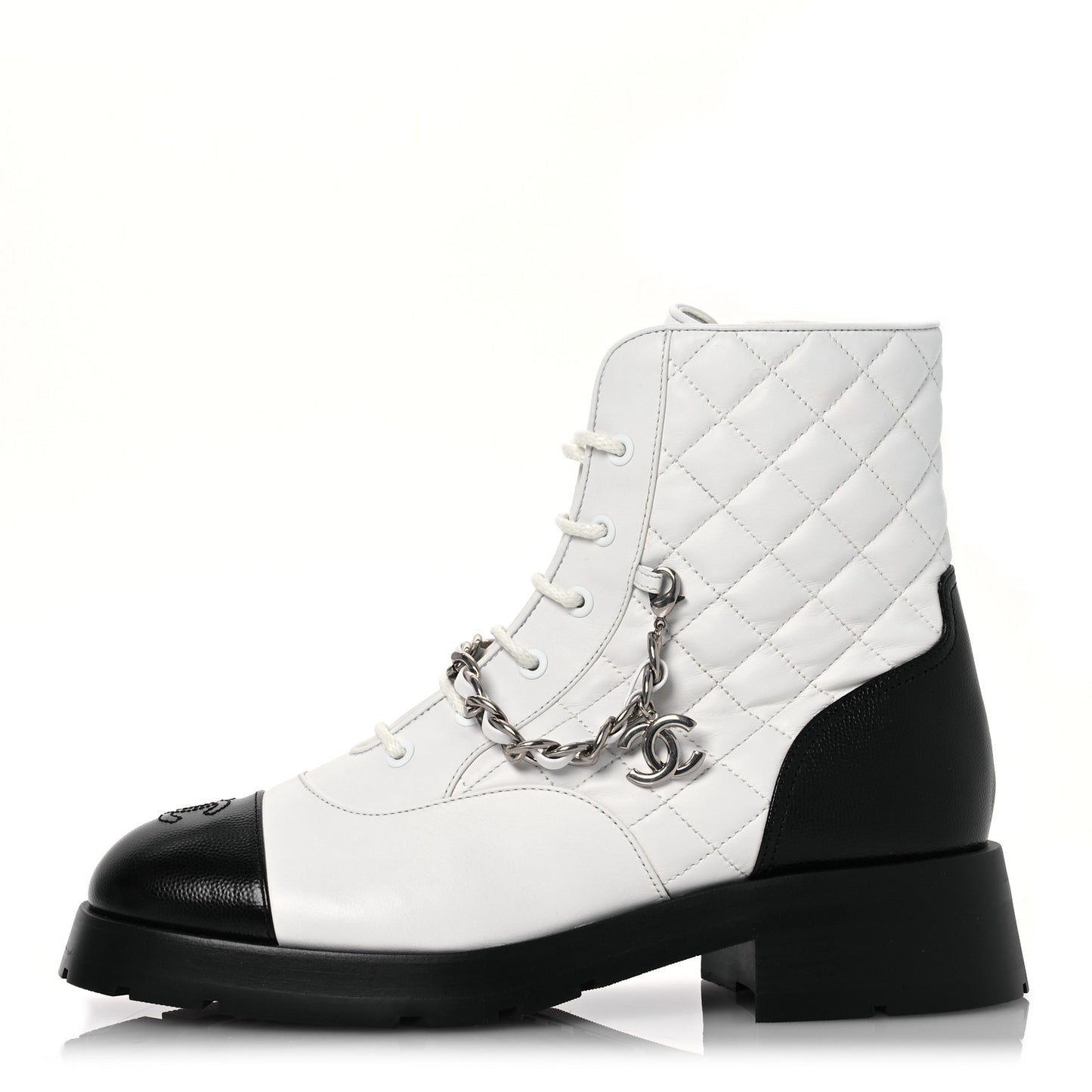 Caviar Calfskin Quilted Chain Lace Up Combat Boots 41 White Black