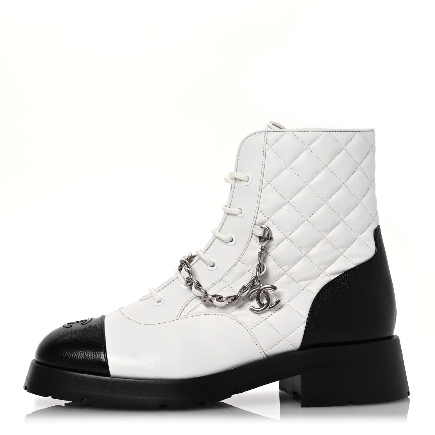 Chanel Caviar Calfskin Quilted Chain Lace Up Combat Boots 41 White Black 1 of 12