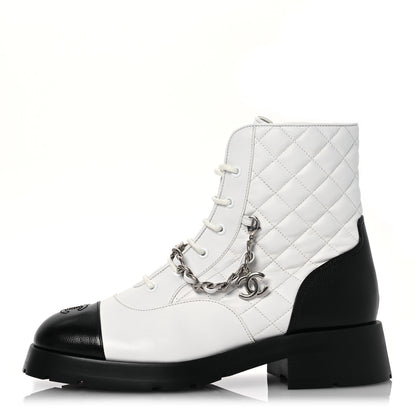 Chanel Caviar Calfskin Quilted Chain Lace Up Combat Boots 41 White Black 1 of 12