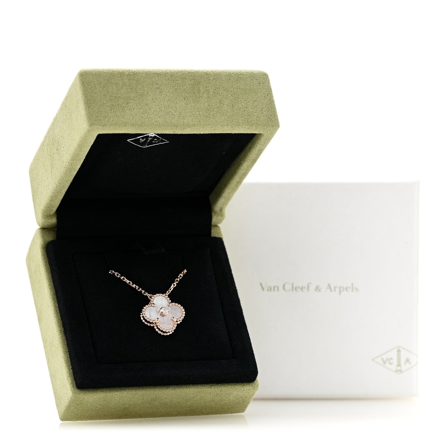 18K Rose Gold Diamond Pink Mother of Pearl Vintage Alhambra Pendant Necklace