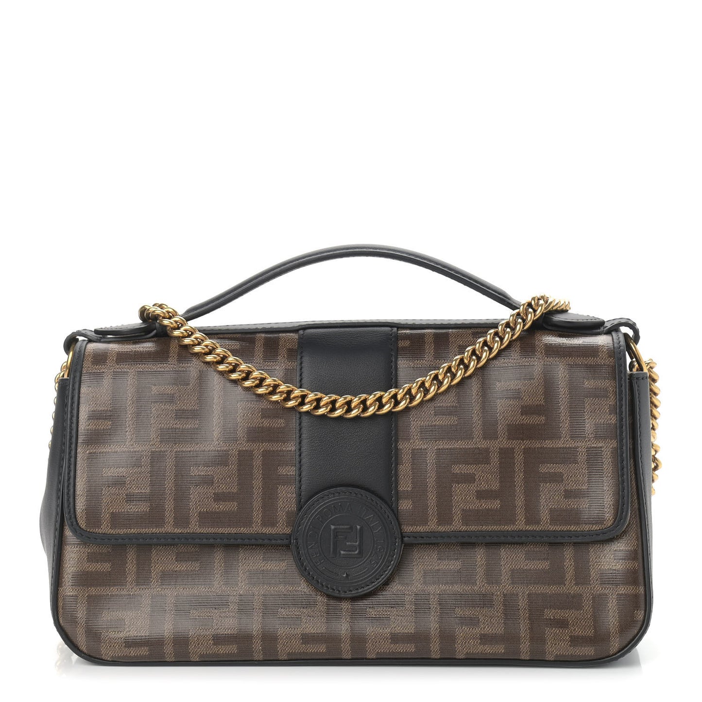 Vitello Grace Glazed Fabric FF 1974 Double F Shoulder Bag Black Mogano Panna