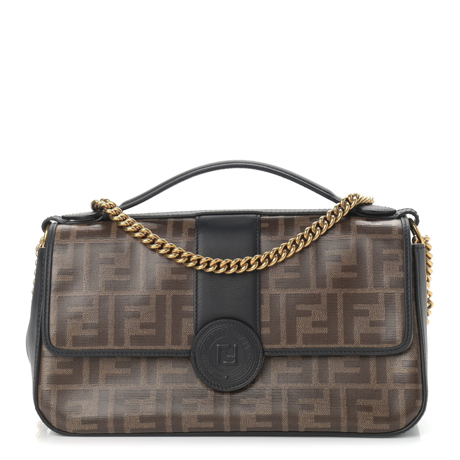 Fendi Vitello Grace Glazed Fabric FF 1974 Double F Shoulder Bag Black Mogano Panna 1 of 10