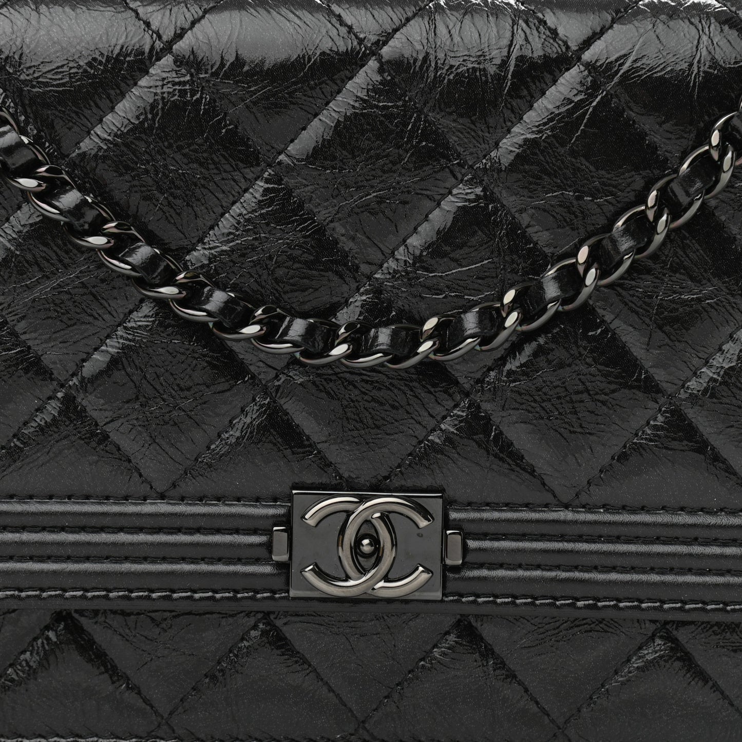 Shiny Aged Calfskin Quilted Boy Wallet On Chain WOC So Black