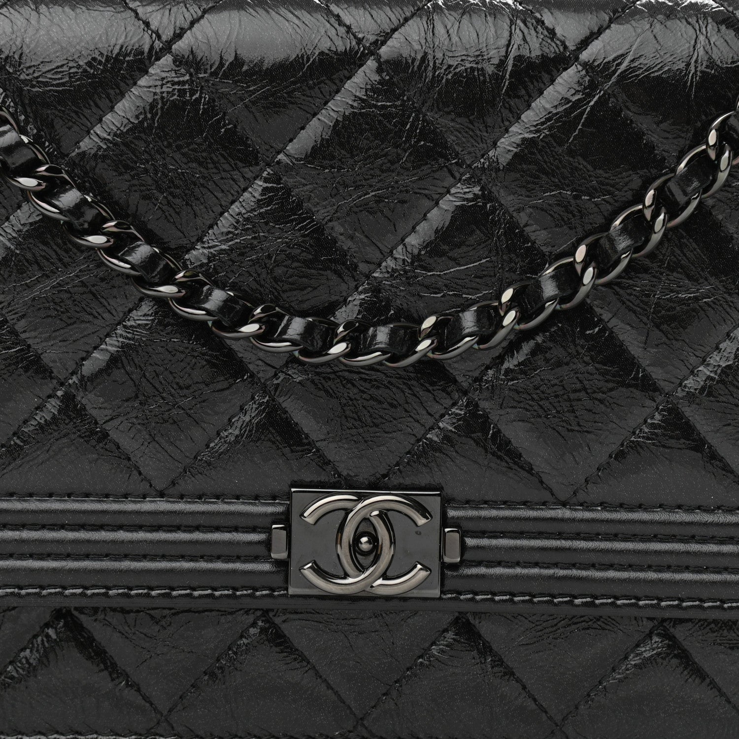 Chanel Shiny Aged Calfskin Quilted Boy Wallet On Chain WOC So Black 9 of 13