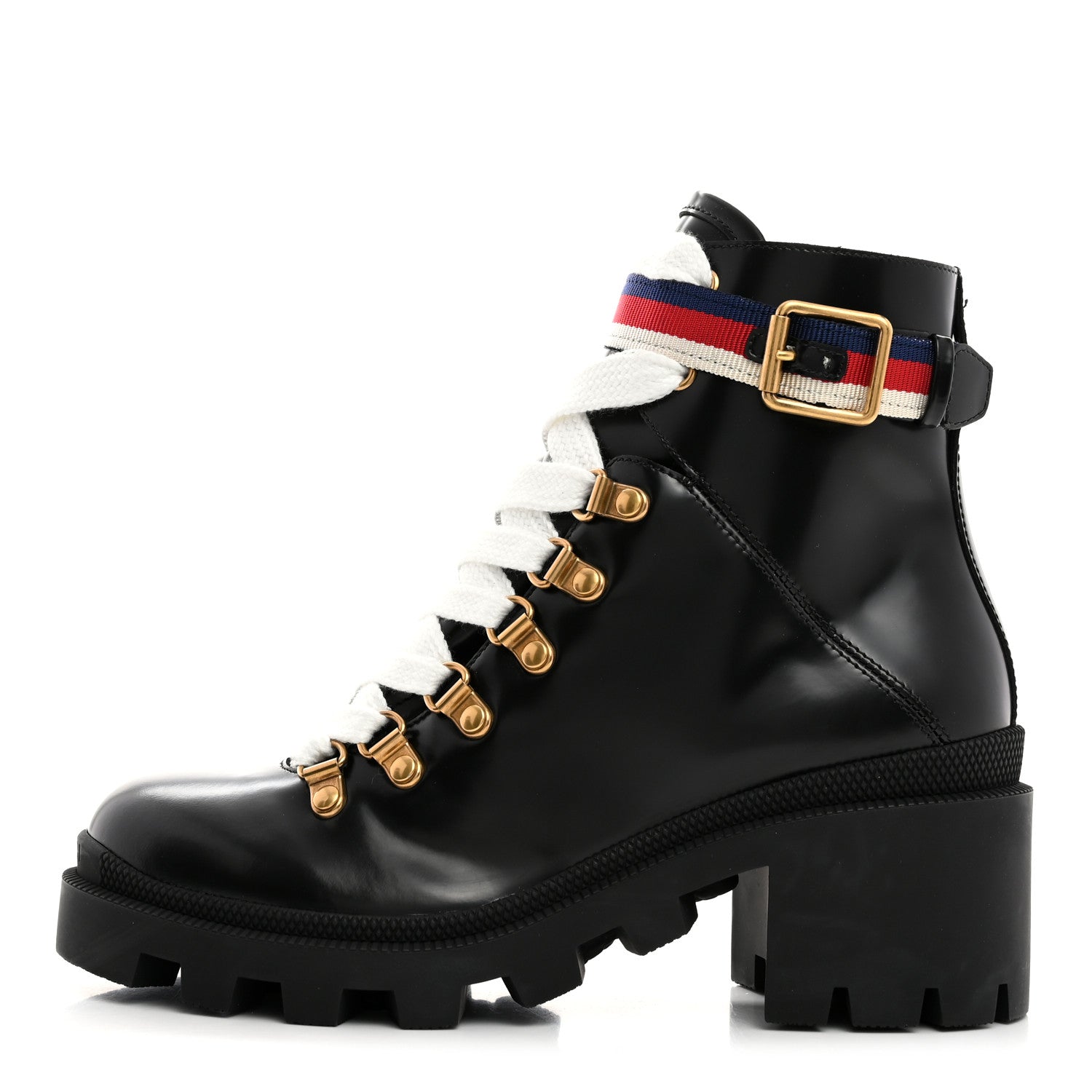 Gucci Calfskin Sylvie Web Womens Lace Up Combat Boots 35.5 Black 1 of 8