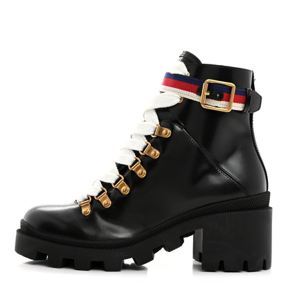 Gucci Calfskin Sylvie Web Womens Lace Up Combat Boots 35.5 Black 1 of 8