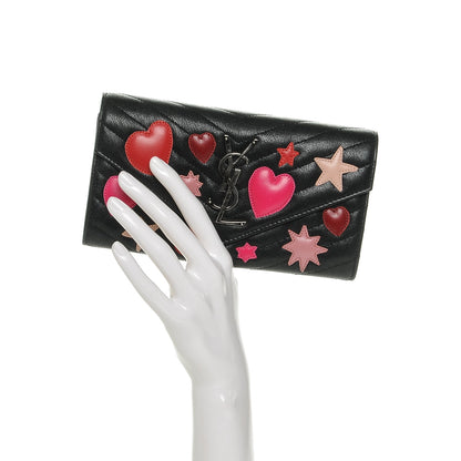 Saint Laurent Calfskin Matelasse Chevron Heart Patchwork Monogram Wallet Black 2 of 7