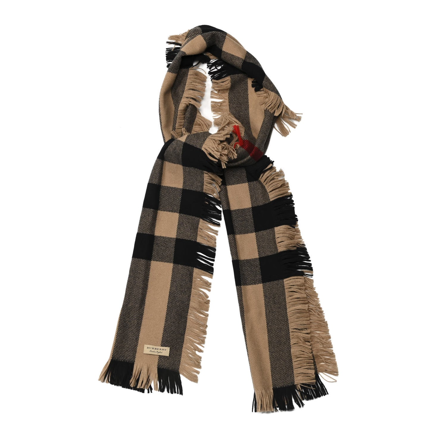 Wool Half Mega Check Fringe Scarf Camel