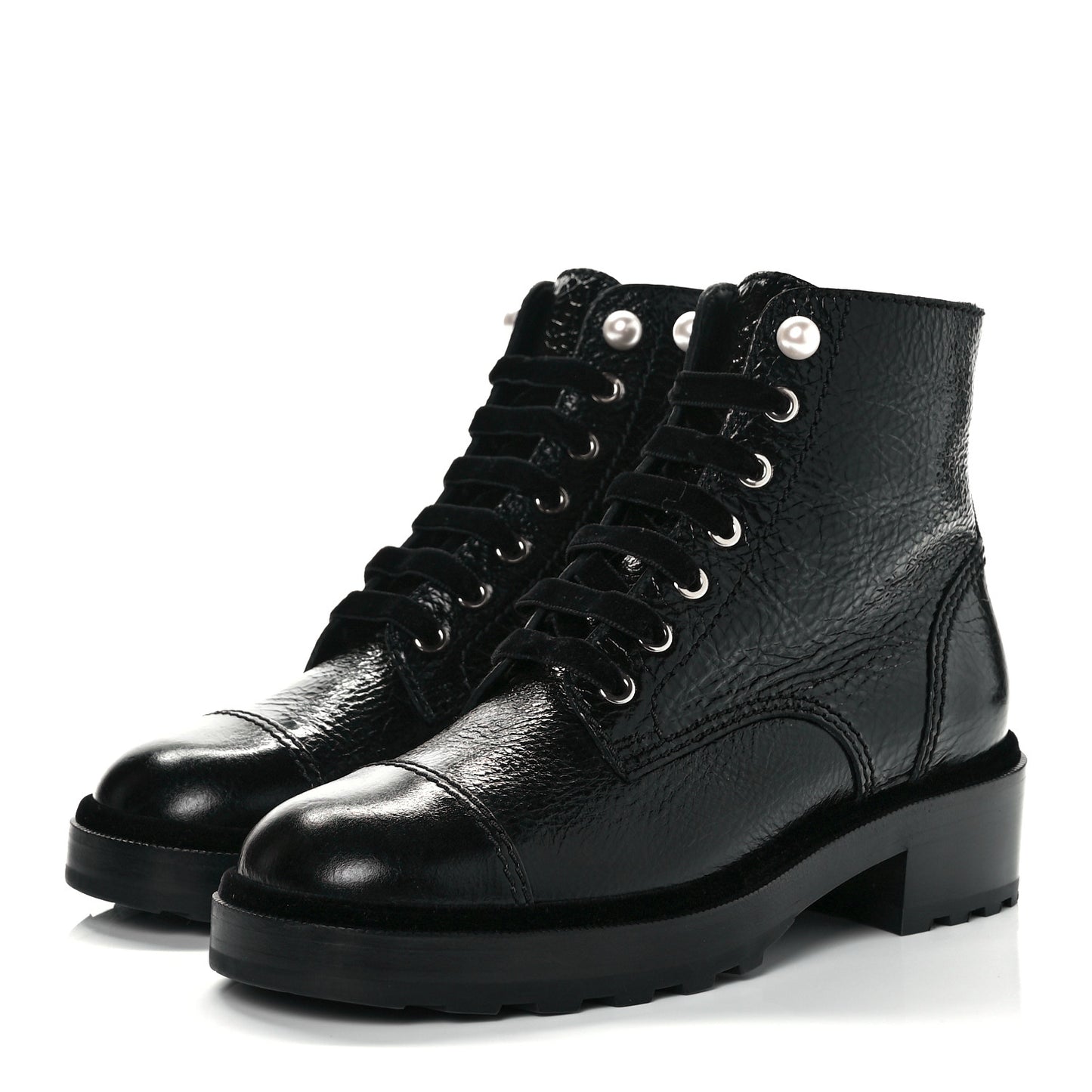 Shiny Calfskin Velvet Pearl Combat Short Boots 38.5 Black