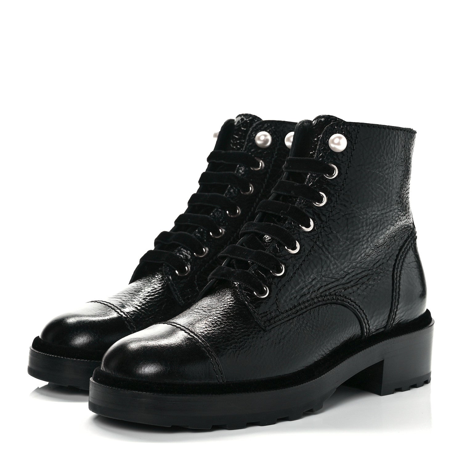 Chanel Shiny Calfskin Velvet Pearl Combat Short Boots 38.5 Black 3 of 8