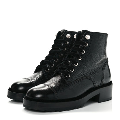 Chanel Shiny Calfskin Velvet Pearl Combat Short Boots 38.5 Black 3 of 8