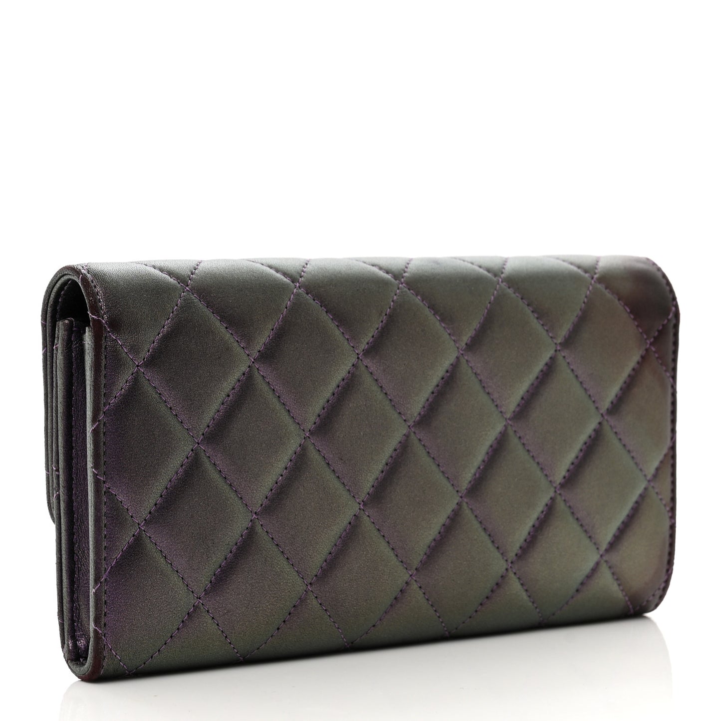 Iridescent Lambskin Quilted Large Gusset Flap Wallet Purple