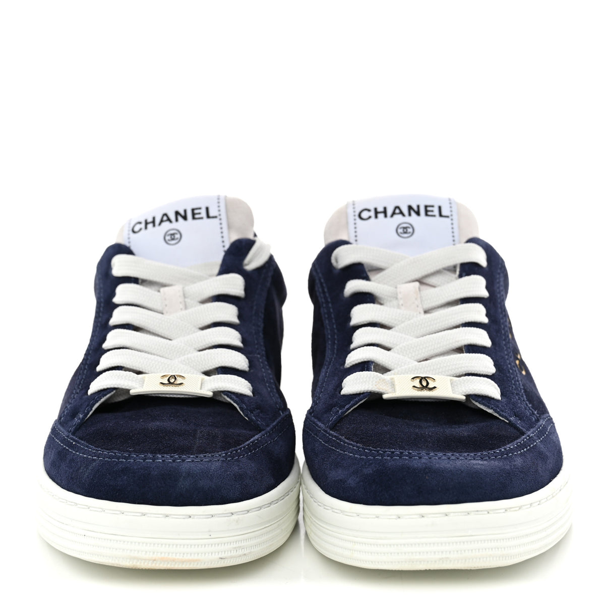 Chanel Suede Calfskin Womens CC Logo Sneakers 38 Navy 3 of 11
