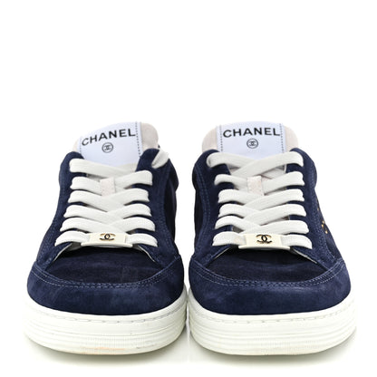 Chanel Suede Calfskin Womens CC Logo Sneakers 38 Navy 3 of 11