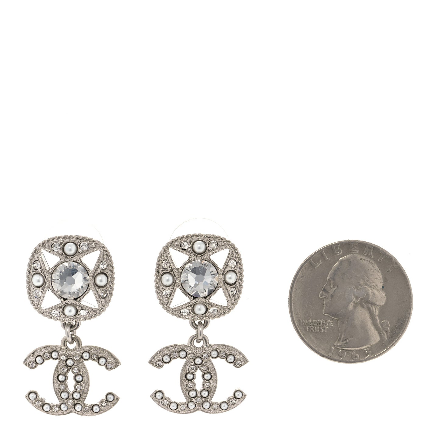 Crystal Pearl CC Drop Earrings Silver