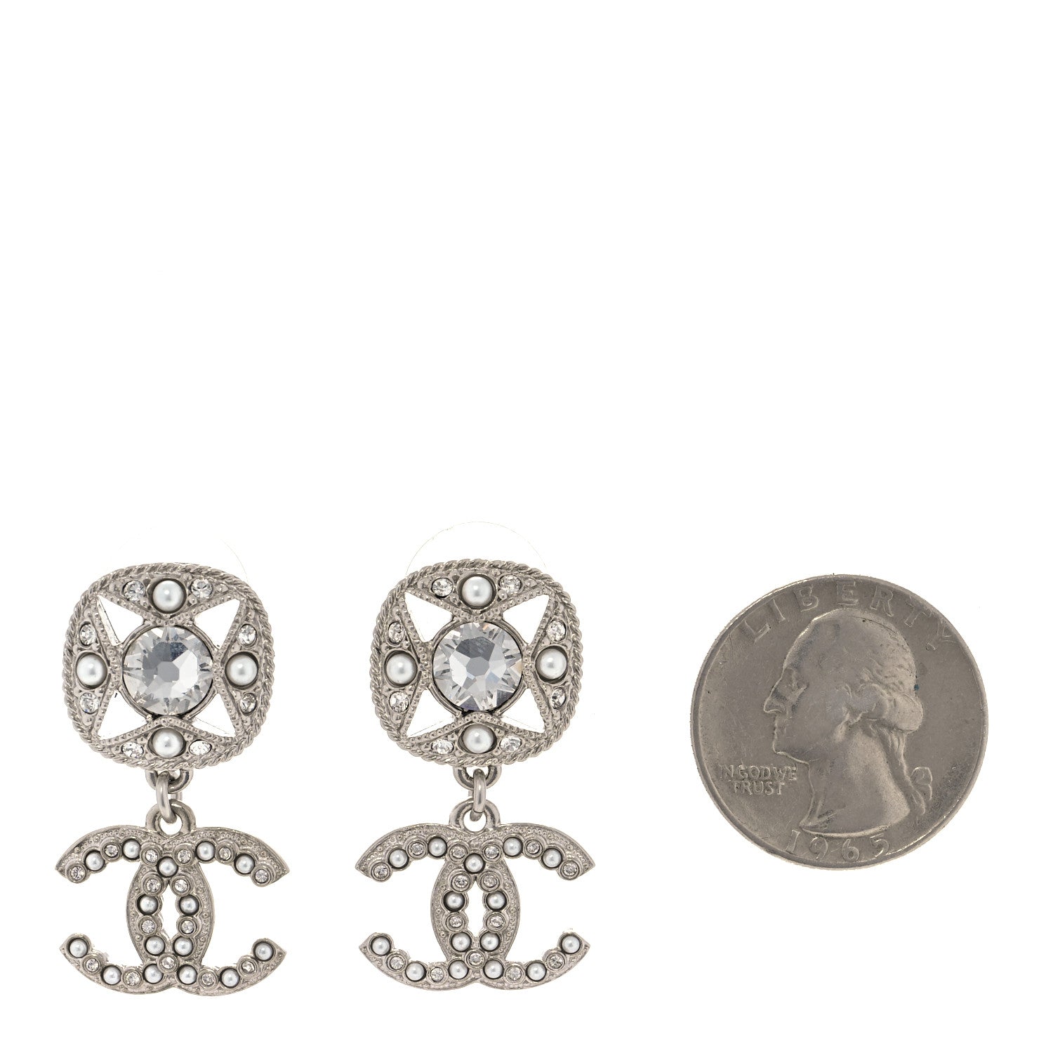 Chanel Crystal Pearl CC Drop Earrings Silver 2 of 5