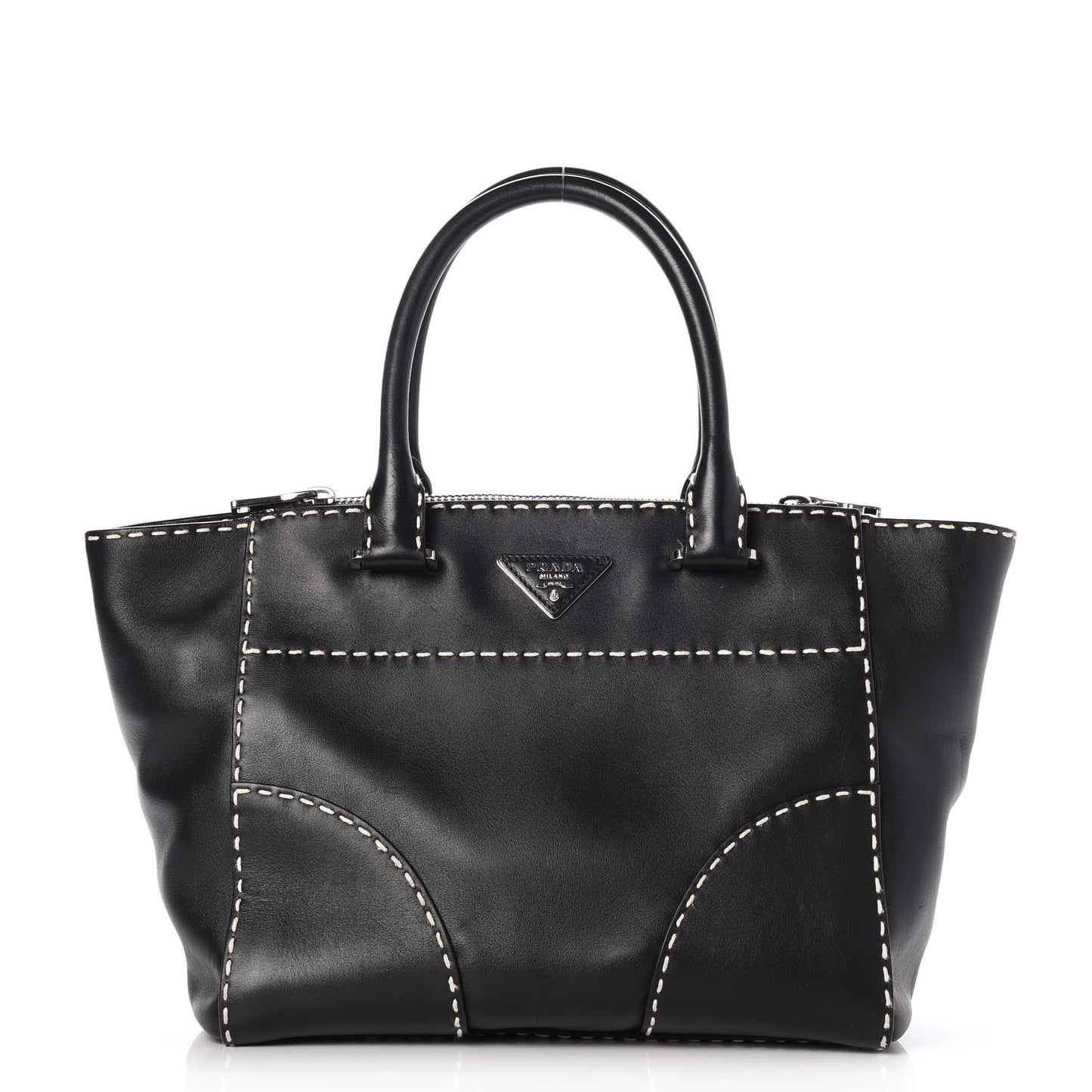 City Calf Small Stitched Twin Pocket Tote Black White