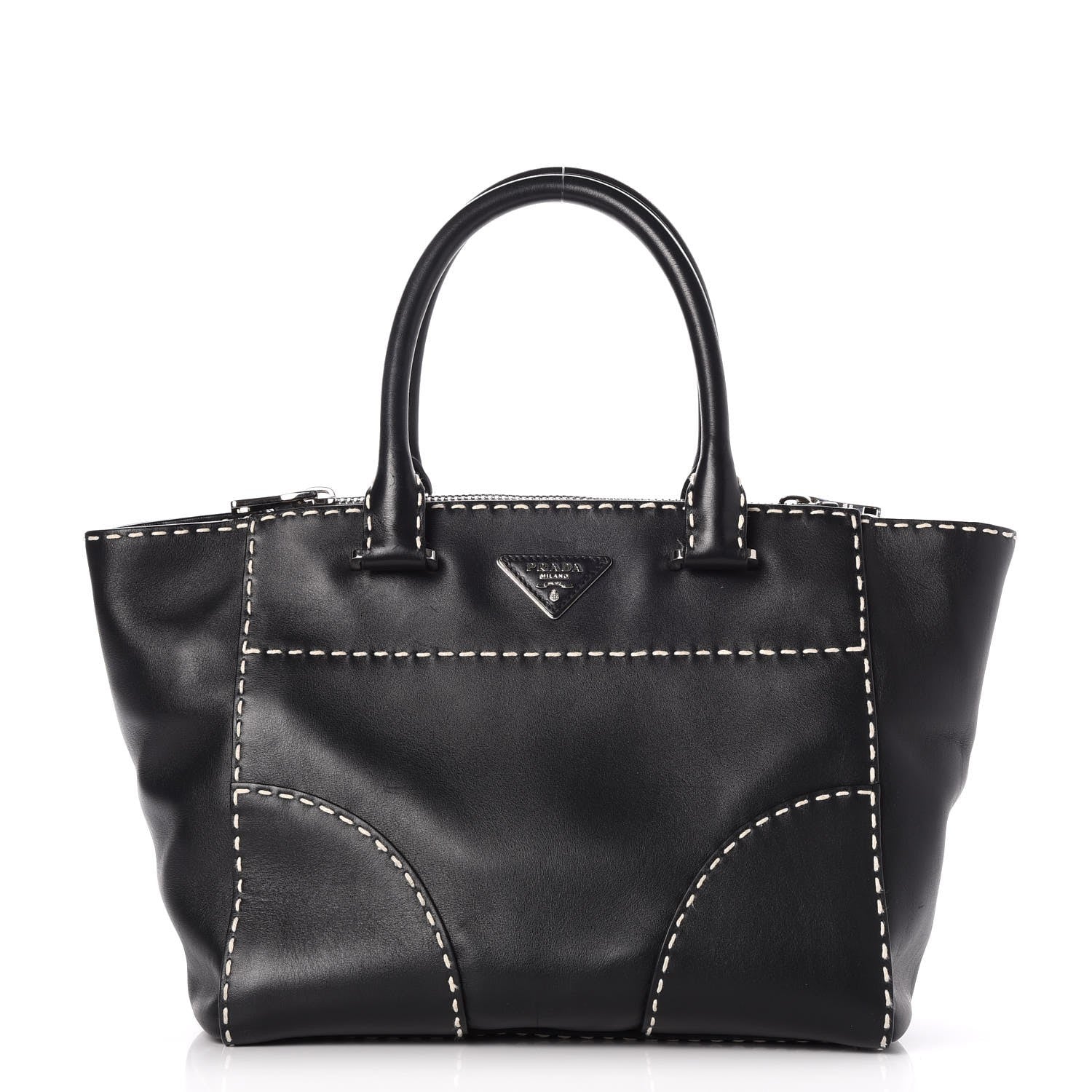 Prada City Calf Small Stitched Twin Pocket Tote Black White 1 of 11