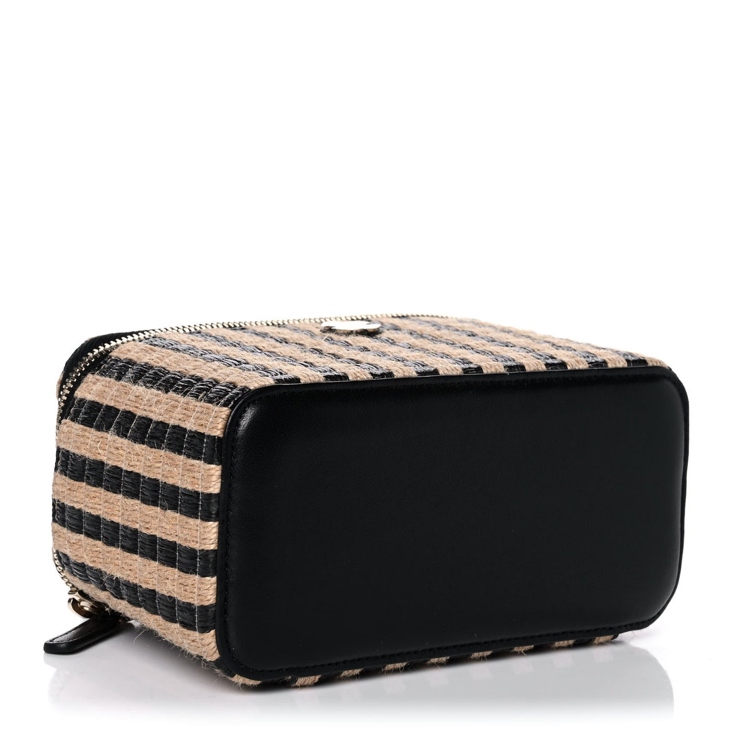 Raffia Jute Striped Small Vanity Case With Chain Black Beige