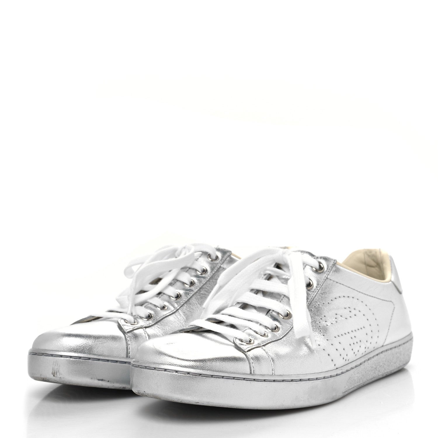 Gucci Metallic Nappa Interlocking G Perforated Womens Ace Sneakers 39.5 Silver 3 of 9