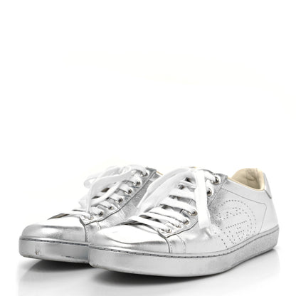 Gucci Metallic Nappa Interlocking G Perforated Womens Ace Sneakers 39.5 Silver 3 of 9