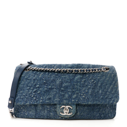 Chanel Denim Quilted Camellia Embroidered Large Flap Blue 1 of 11