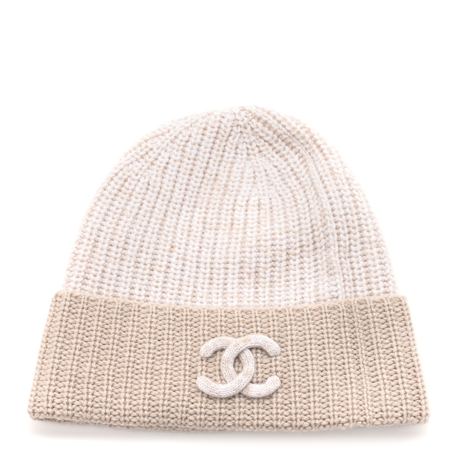 Chanel Cashmere CC Beanie Hat Beige White 1 of 5