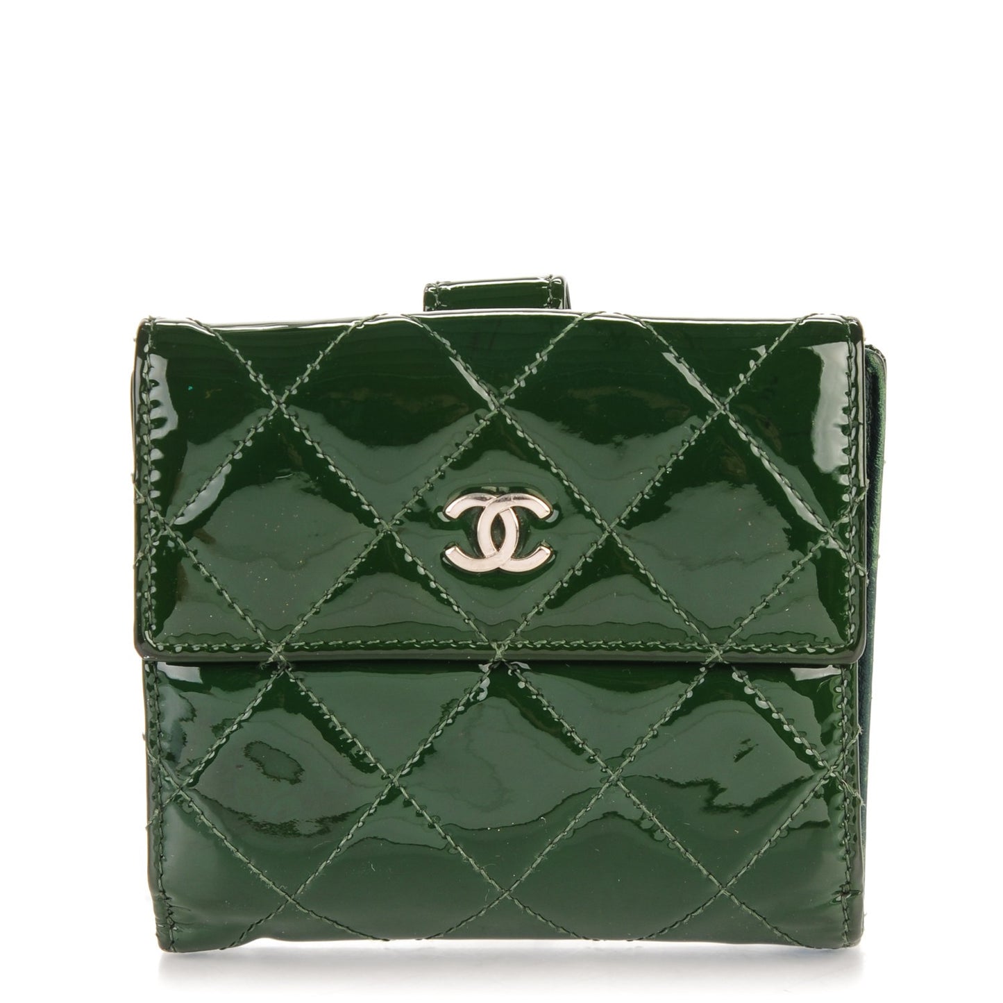 Patent Quilted Compact French Flap Wallet Dark Green