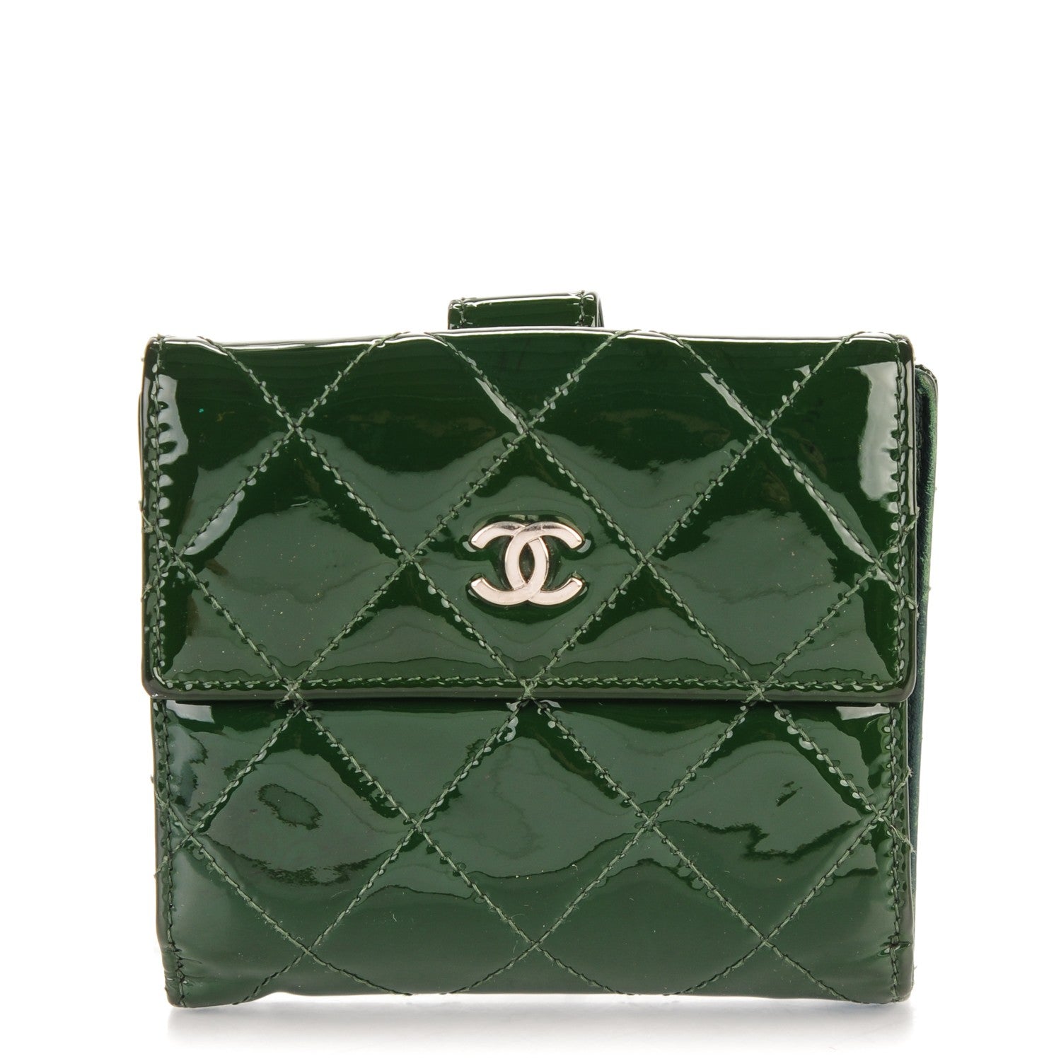 Chanel Patent Quilted Compact French Flap Wallet Dark Green 1 of 9