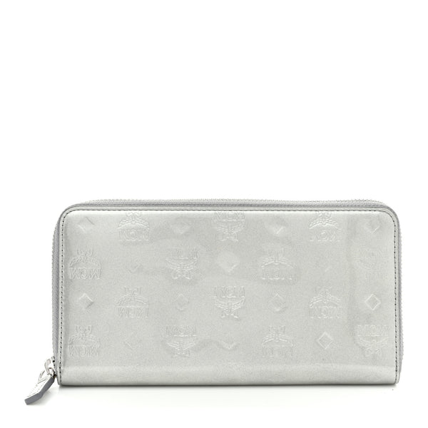 MCM Metallic Monogram Patent Large Zip Around Wallet Silver