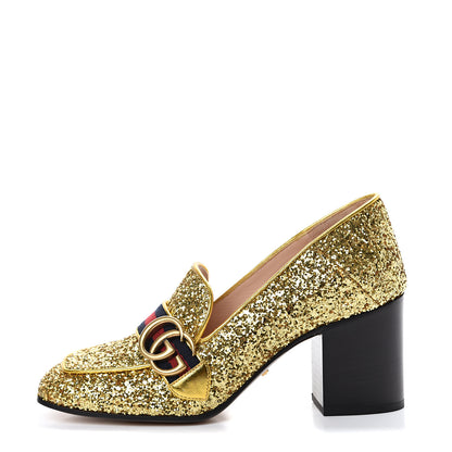 Gucci Glitter Nappa Web Peyton 75mm Loafer Pumps 37 Oro Vecchio 1 of 8