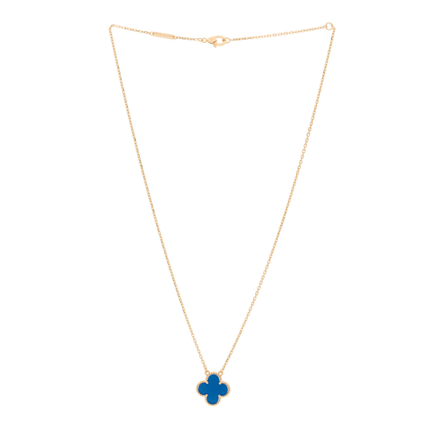 18K Yellow Gold Blue Agate Vintage Alhambra Pendant Necklace